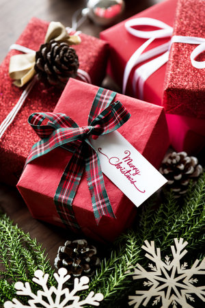 Close up of Christmas gift boxesの写真素材