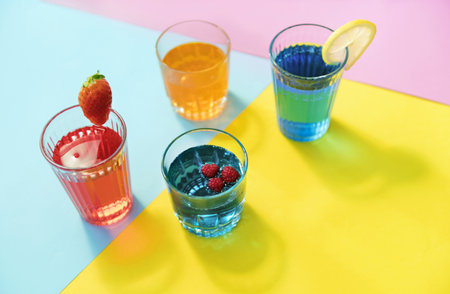 Close up of colorful beverages in four glassesの写真素材