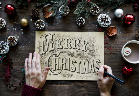 Close up of Merry Christmas calligraphy surrounded with Christmas decorationsの写真素材