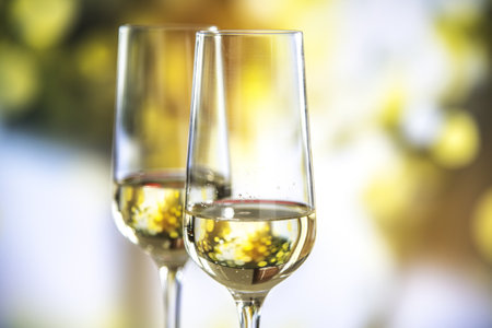 Close up of two champagne glassesの写真素材