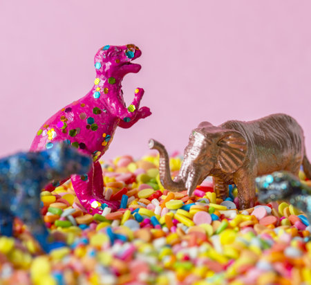 Close up of a glittery toy elephant and dinosaur on candy ballsの写真素材