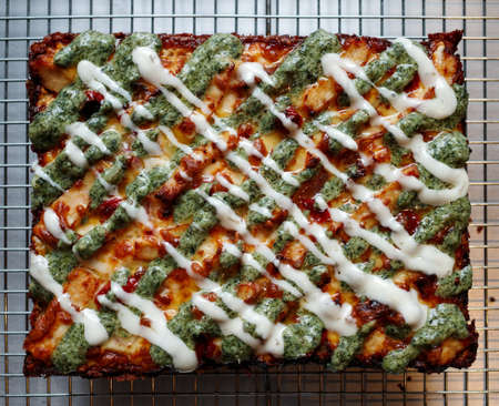 Delicious pizza close up on wooden board and concepts. Italian national food.の写真素材