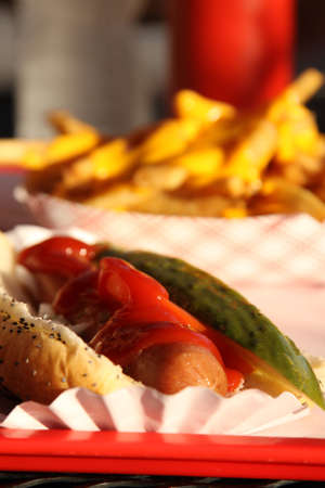 The delicious hot dog is served on a paper plate. Fast food concept.