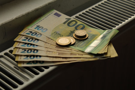 Money on a heating radiator showing expensive heating costs for winter. Hard winter for the whole world. high quality photoの写真素材