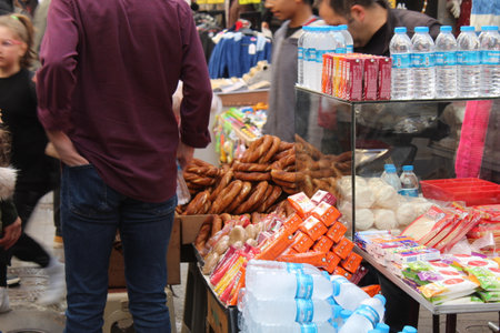 Samsun,Turkey - October 23, 2022 A bagel sellers stall at a crowded street of Samsun. Mecidiye street. high quality photoのeditorial素材