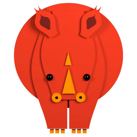 3D illustration, a stylized red rhinoceros composed of geometric shapes, isolated on white backgroundの写真素材