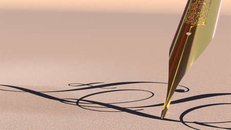 3D rendering of antique golden fountain pen tip over paperの写真素材