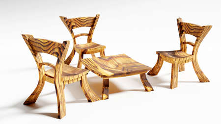 three cute and quaint cartoonish wooden fairy chairs and a table, 3d rendering. isolated on whiteの写真素材