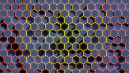 3D illustration of abstract background wallpaper with hexagons protruding from the base to different...