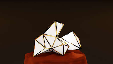 3D illustration of an irregular precious pure white stone encased in a golden setting with round openings on a velvet stand, against a dark background, cleanの写真素材