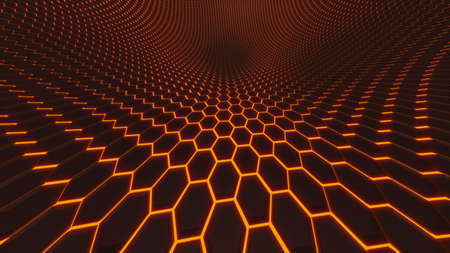3D illustration of abstract background wallpaper with brown hexagons on glowing hot backdrop
