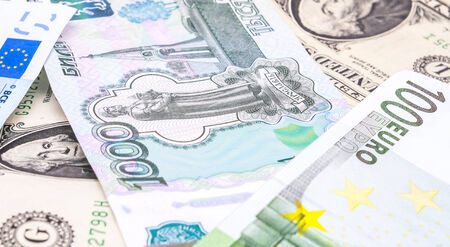 close-up shots in macro lens money euro, dollar, ruble  banknotesの写真素材