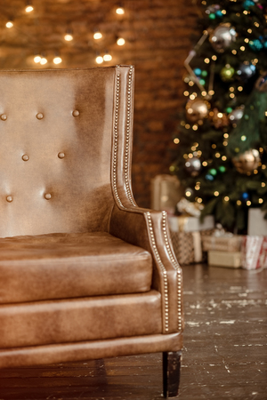 Christmas tree gold decorations and  garland close upの写真素材