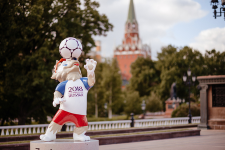 MOSCOW, RUSSIA - 31.05.2018 The official mascot of the 2018 FIFA World Cup and the FIFA Confederations Cup 2017 wolf Zabivaka at the Manege Square in Moscow.のeditorial素材