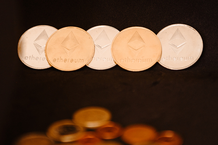 Ethereum cryptocurrency, the new virtual internet Cryptocurrency isolated on black background. Business Concept of future currency.の写真素材