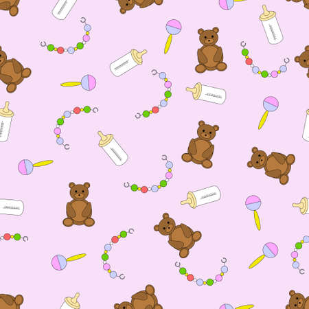 seamless pattern with children's items, vector illustration with baby items on a pink backgroundのイラスト素材