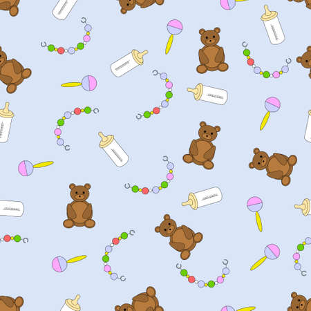 seamless pattern with children's items, illustration with baby items on a blue backgroundのイラスト素材
