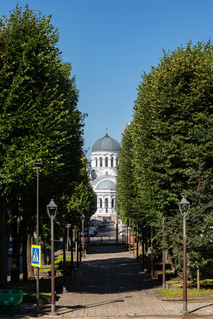 Kaunas, Lithuania - August 12, 2022: Laisves Aleja with St. Michael the Archangel's church in the background. Laisves Aleja is the main pedestrian street of Kaunas.のeditorial素材