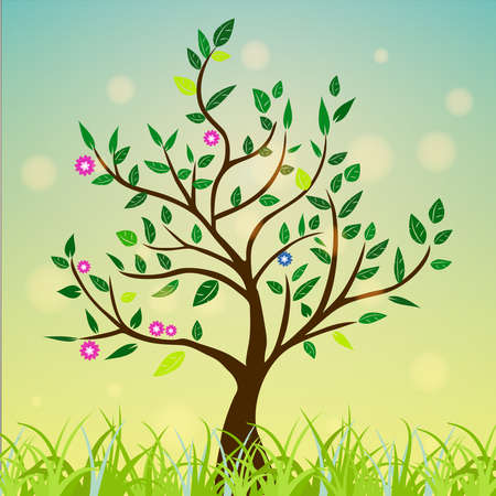 Abstract tree with green leaves, flowers on a colorful and sunny background. vector drawingのイラスト素材