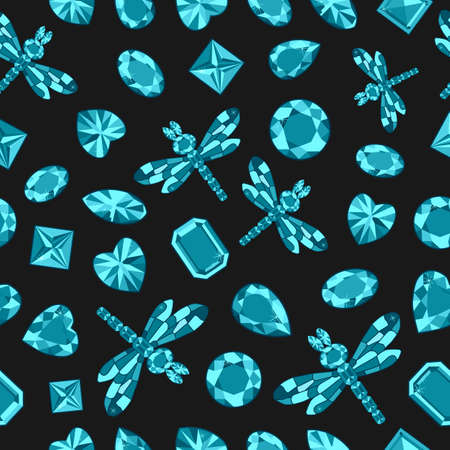 Colorful seamless pattern with blue crystals and crystal insect from precious stones, vector illustrationのイラスト素材