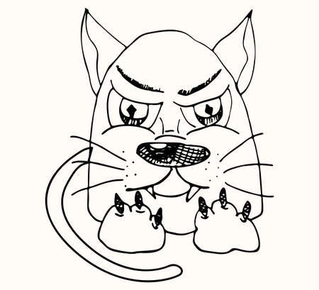 Displeased and angry cat character drawn with marker. Cartoon character, imitation of a childs drawing.のイラスト素材