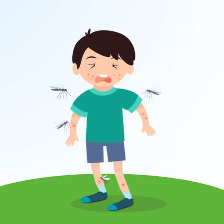 Inflammation from a mosquito bite on a childs skin, fright and an allergic reaction. Cartoon charactersのイラスト素材