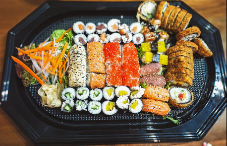 A large set of sushi rolls with shrimp, salmon, tuna, eel in plastic packaging on a white background, top view.の写真素材