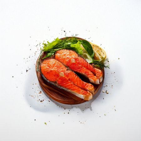 Grilled Salmon Steak with Spinach, Tartare Cream and Lemon Wedgesの素材