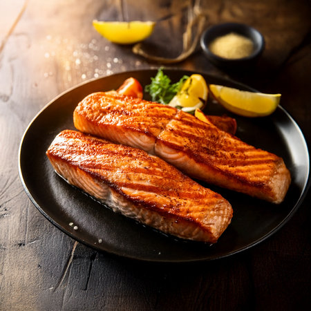 Cod and Salmon fillet with rice and spinach garnish. Lemon salmon on white plate on woodenの素材