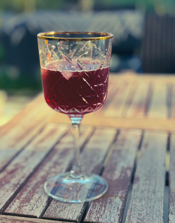 Glass of red wine and grape cluster in the vineyards in autumn