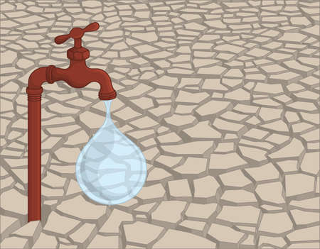 Leaking rusty faucet standing in the dried cracked soil.のイラスト素材