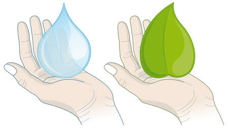 Hand holding water drop and leaf.のイラスト素材
