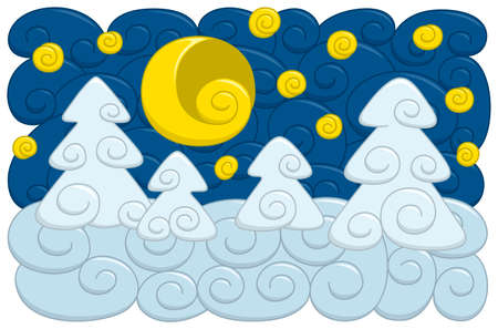 Cartoon style winter night scene with moon, stars and pine trees.のイラスト素材