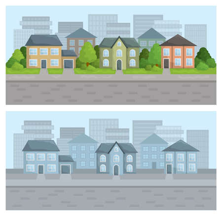 City street in residential district. Two color versions.のイラスト素材