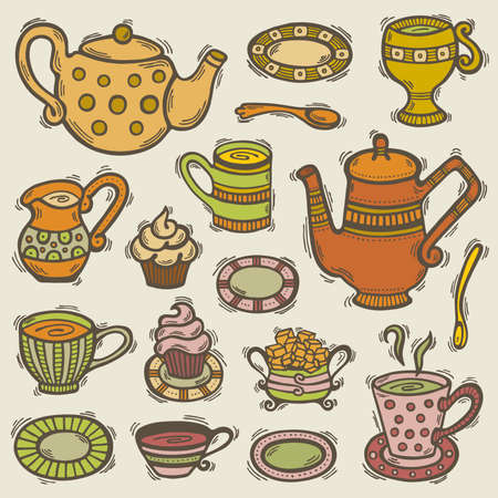 Illustration of hand drawn tea set with tea cups, teapots, sugar bowl, milk jug, plates, cupcakes and spoons.のイラスト素材