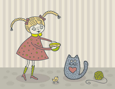 Cute girl feeding kitty. Hand drawn illustration.のイラスト素材