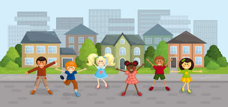Illustration of happy multi-ethnic kids in the city.のイラスト素材