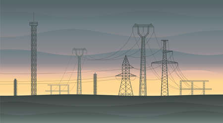 Landscape with electricity pylons and powerlines at sunset.のイラスト素材
