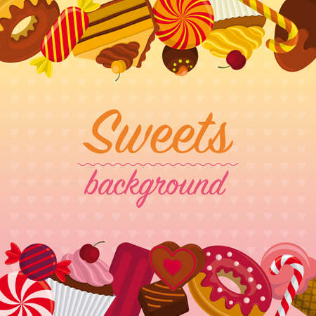 Colorful background with different sweets  candy, chocolate praline, cake, donut, cupcake, ice cream, lollipop, sugar cane, bonbon.のイラスト素材
