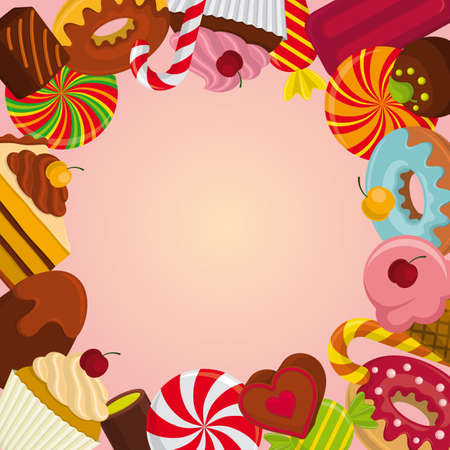 Colorful background with different sweets  candy, chocolate praline, cake, donut, cupcake, ice cream, lollipop, sugar cane, bonbon.のイラスト素材