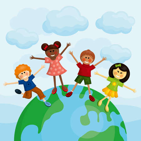 Happy multi ethnic kids standing on the earth. Vector illustration.のイラスト素材