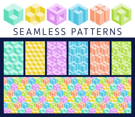 Set of abstract bright colors 3d geometric seamless elements and patterns. Isometric hexagonal...