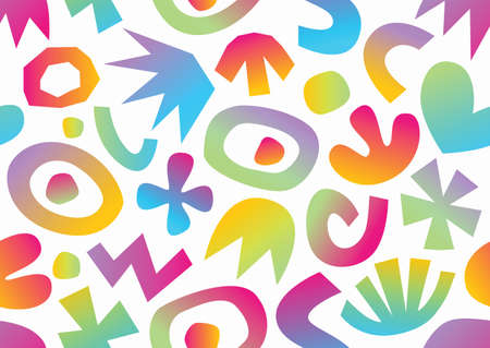 Various modern shapes and doodle objects gradient seamless pattern. Trendy contemporary pattern.