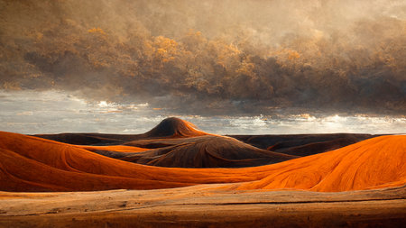 Desert landscape with impressive sand dunes at sunset. Desert landscape background. Digital art.の写真素材
