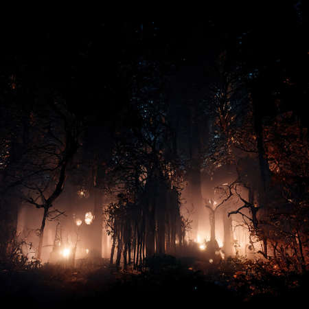 Realistic haunted forest creepy landscape at night. Fantasy Halloween forest background. Digital...