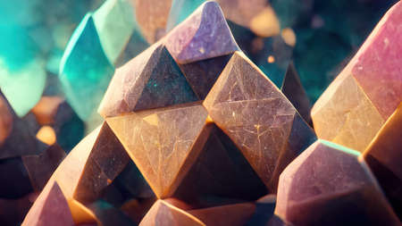 Realistic colorful shiny glowing magic crystals abstract background. Luxury wallpaper. Digital art.の写真素材