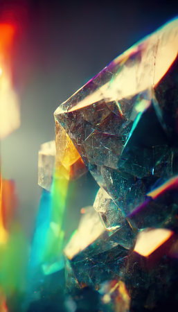 Glass crystals and prisms with color spectrum rays. Abstract optic effects background. Digital art.の写真素材