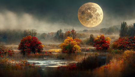 Amazing autumn landscape at night in moonlight, idyllic and peaceful nature scenery. Digital art.の写真素材