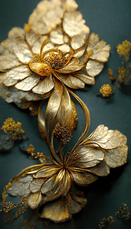 Luxury golden flower decorative background. Beautiful precious metal filigree floral royal jewelry art.の写真素材
