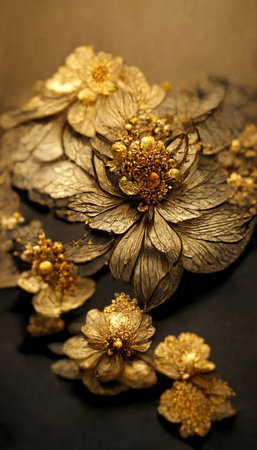 Luxury golden flower decorative background. Beautiful precious metal filigree floral royal jewelry art.の写真素材